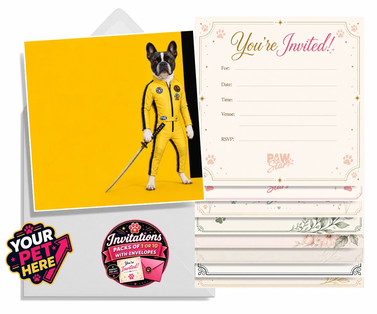 Personalised Kill Squirrel dog invitation featuring a French Bulldog in a yellow costume with a sword
