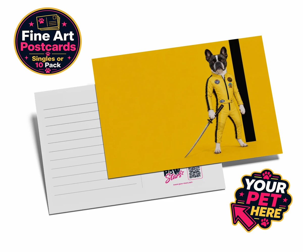 Personalised postcard featuring Kill Squirrel, a dog in a yellow costume holding a sword