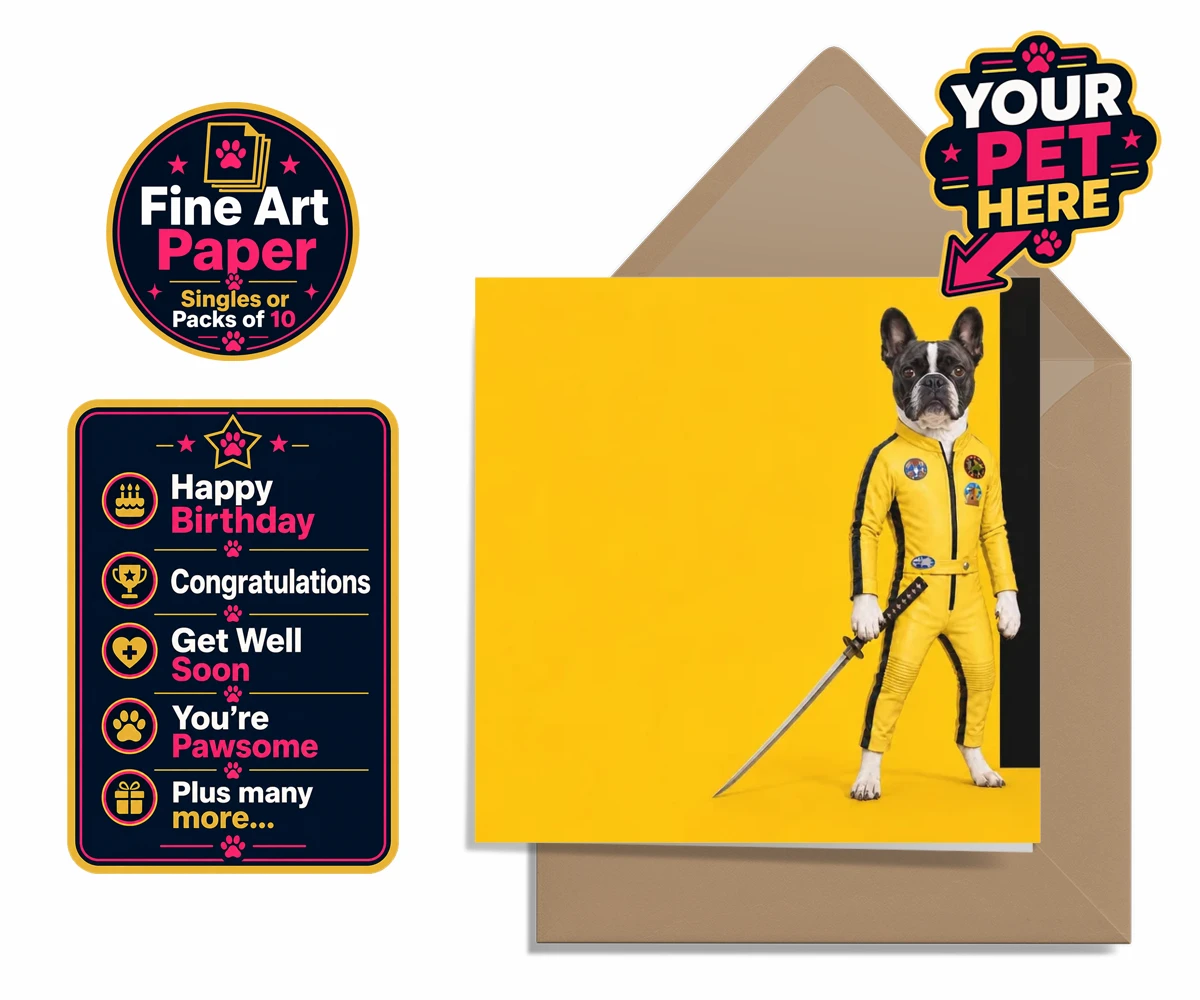Personalised premium greetings card featuring Kill Squirrel the dog, with a yellow costume and a sword
