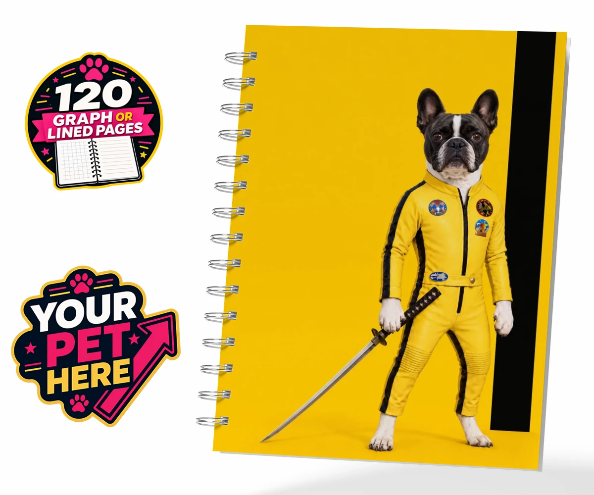 Personalised spiral notebook featuring Kill Squirrel the dog in a vibrant yellow costume with a sword