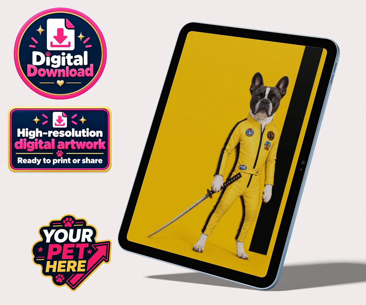 Personalised digital portrait of Kill Squirrel, a dog in a yellow costume, holding a sword against a bold background.