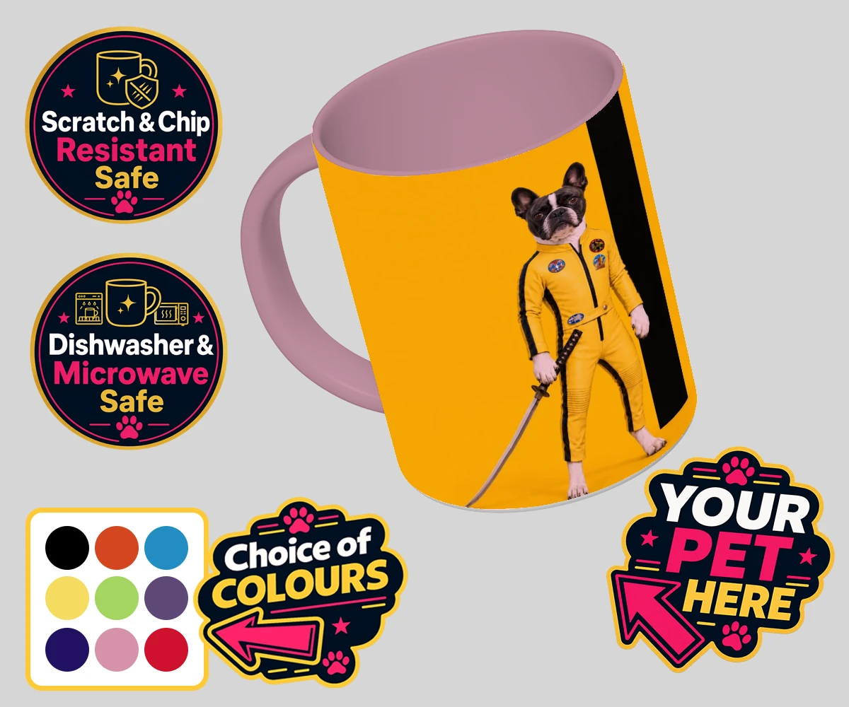 Personalised Kill Squirrel dog photo mug featuring a dog in a vibrant yellow costume with a sword