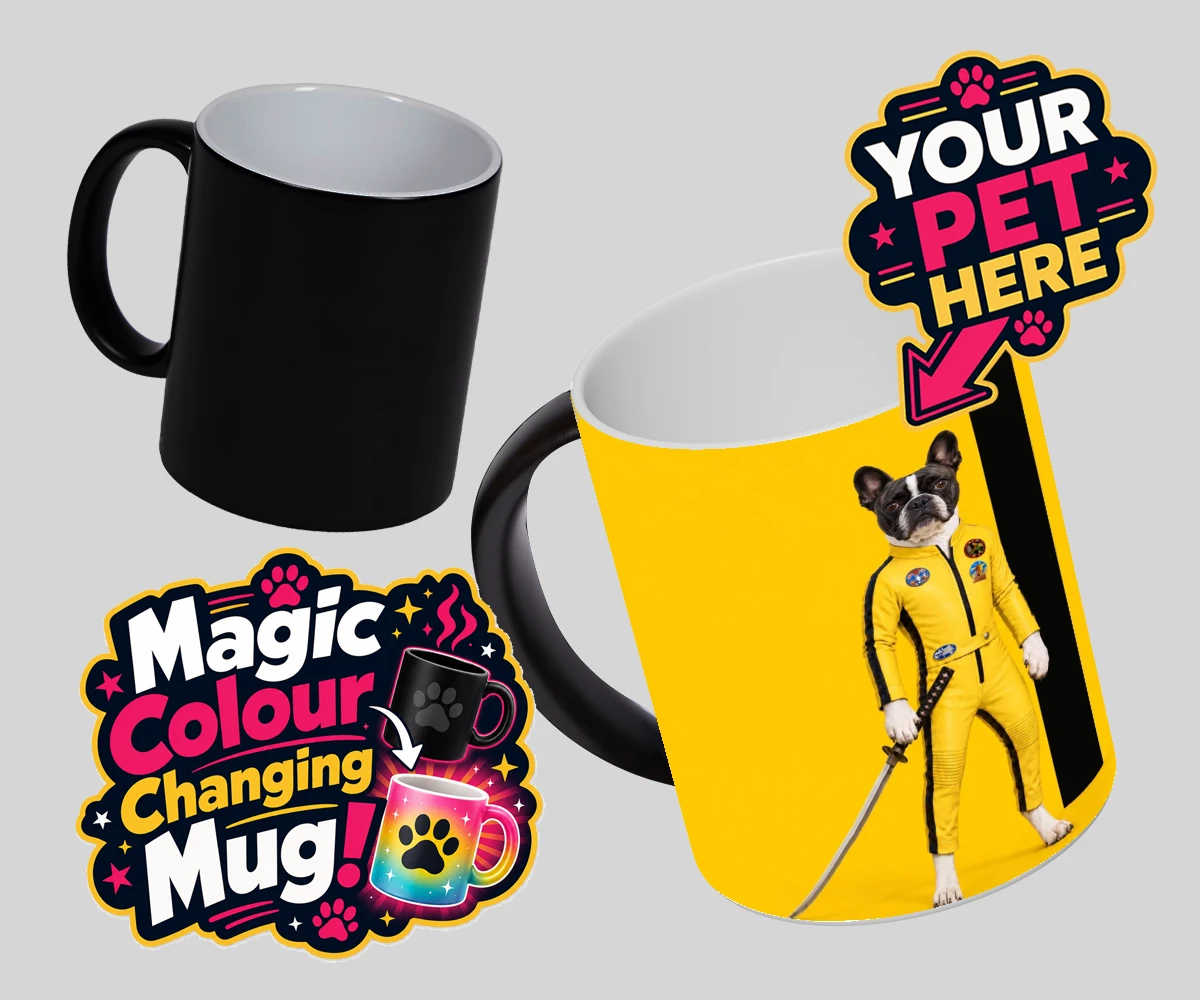 Personalised Kill Squirrel dog magic photo mug with vibrant yellow costume and sword details