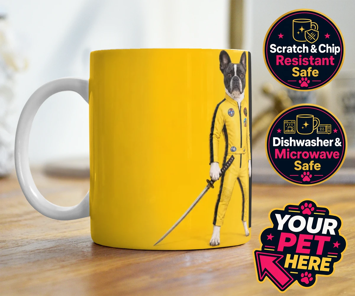 Personalised photo mug featuring Kill Squirrel, a French Bulldog in a vibrant yellow costume with a sword