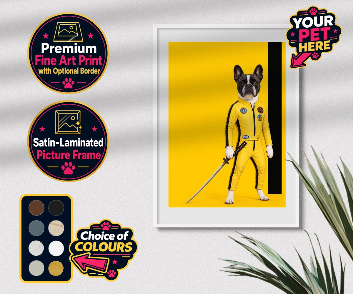 Personalised premium framed print of Kill Squirrel, a dog in a vibrant yellow costume with a sword.