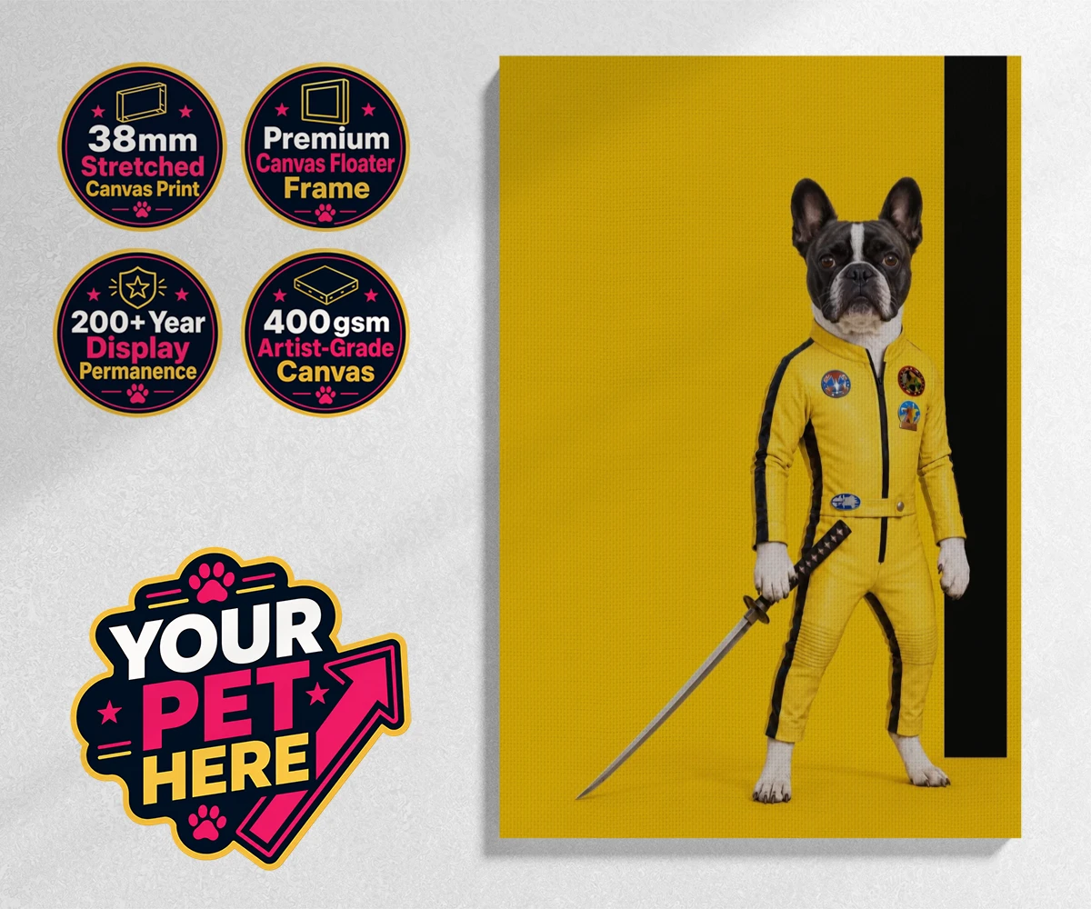 Personalised stretched canvas print of Kill Squirrel, a dog in a vibrant yellow costume wielding a sword.