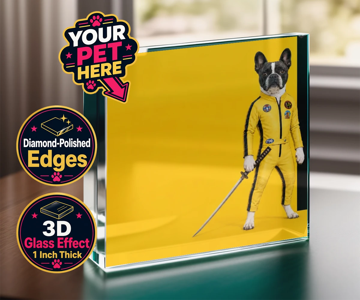 Personalised acrylic prism featuring Kill Squirrel, a dog dressed in a vibrant yellow costume with a sword