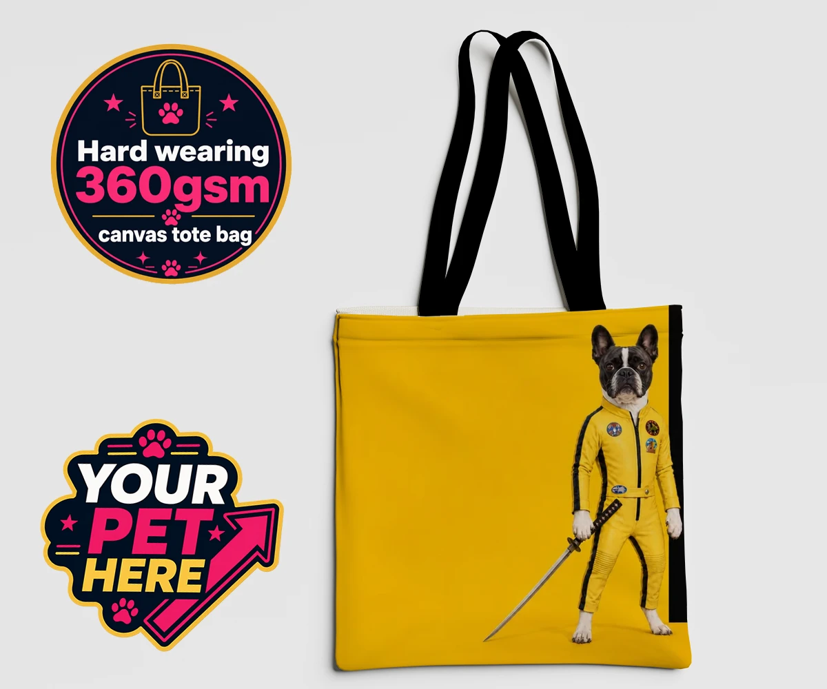 Personalised tote bag featuring Kill Squirrel the dog in a vibrant yellow costume with a sword