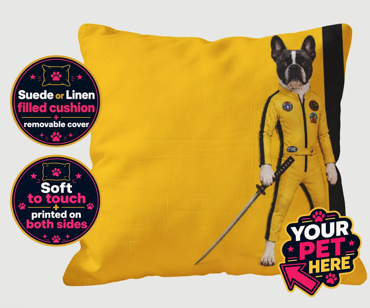 Personalised cushion featuring Kill Squirrel, a dog in a vibrant yellow costume with a sword