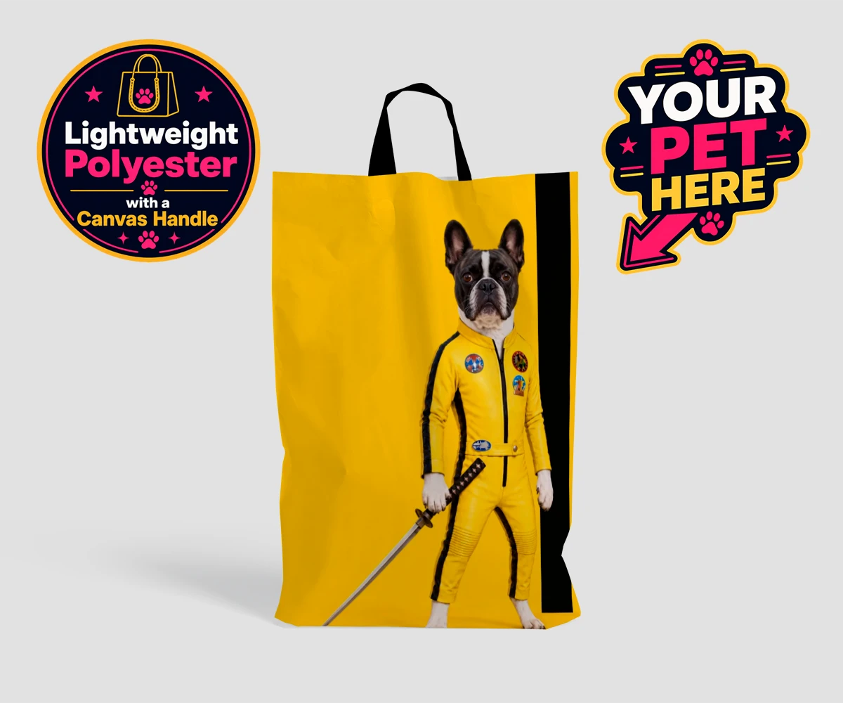 Personalised shopping bag featuring Kill Squirrel, a dog in a vibrant yellow costume with a sword