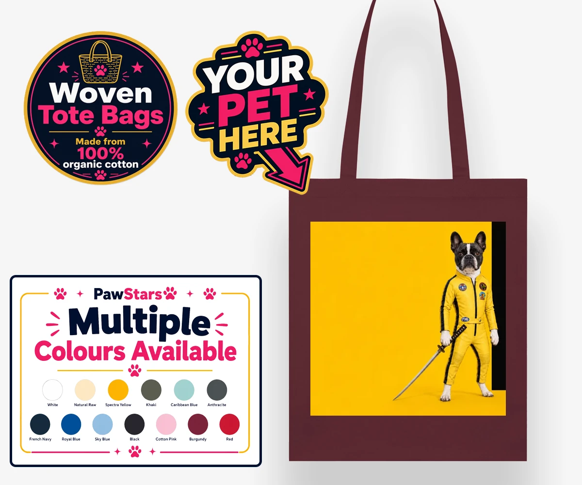 Personalised woven tote bag featuring Kill Squirrel, a dog dressed in a vibrant yellow costume with a sword