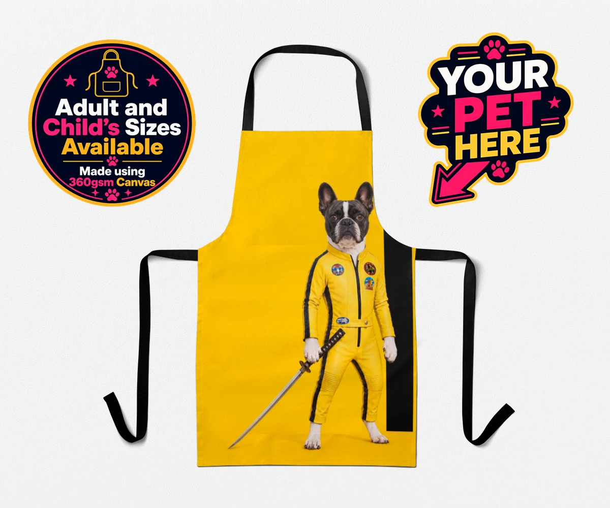 Personalised apron featuring Kill Squirrel, a French Bulldog in a yellow costume, wielding a sword.