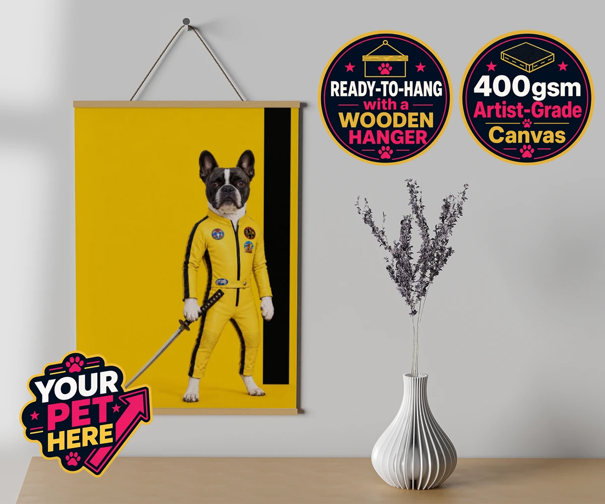 Personalised canvas pet poster print featuring Kill Squirrel, the dog in a vibrant yellow costume with a sword