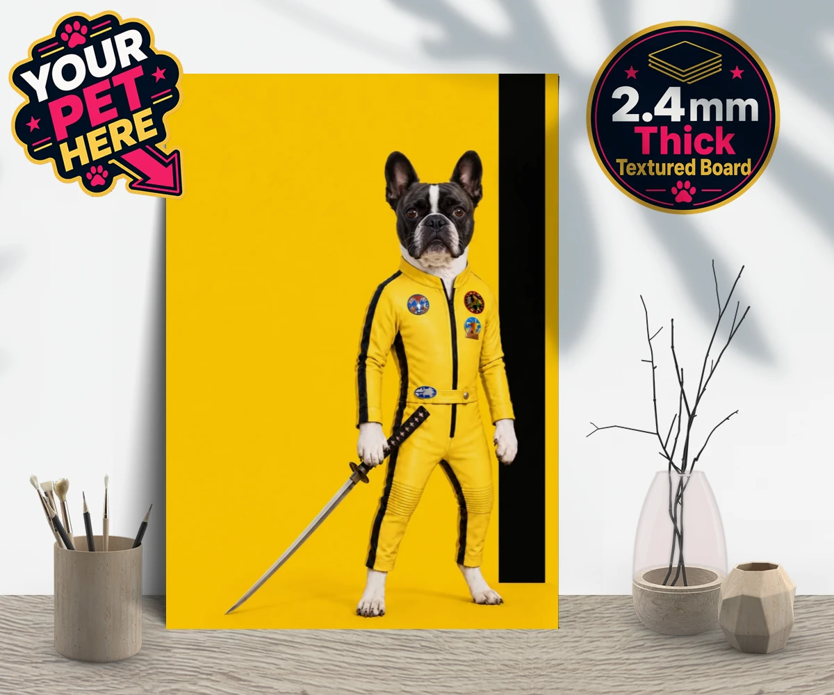 Personalised gallery board featuring Kill Squirrel, the French Bulldog, in a vibrant yellow costume with a sword