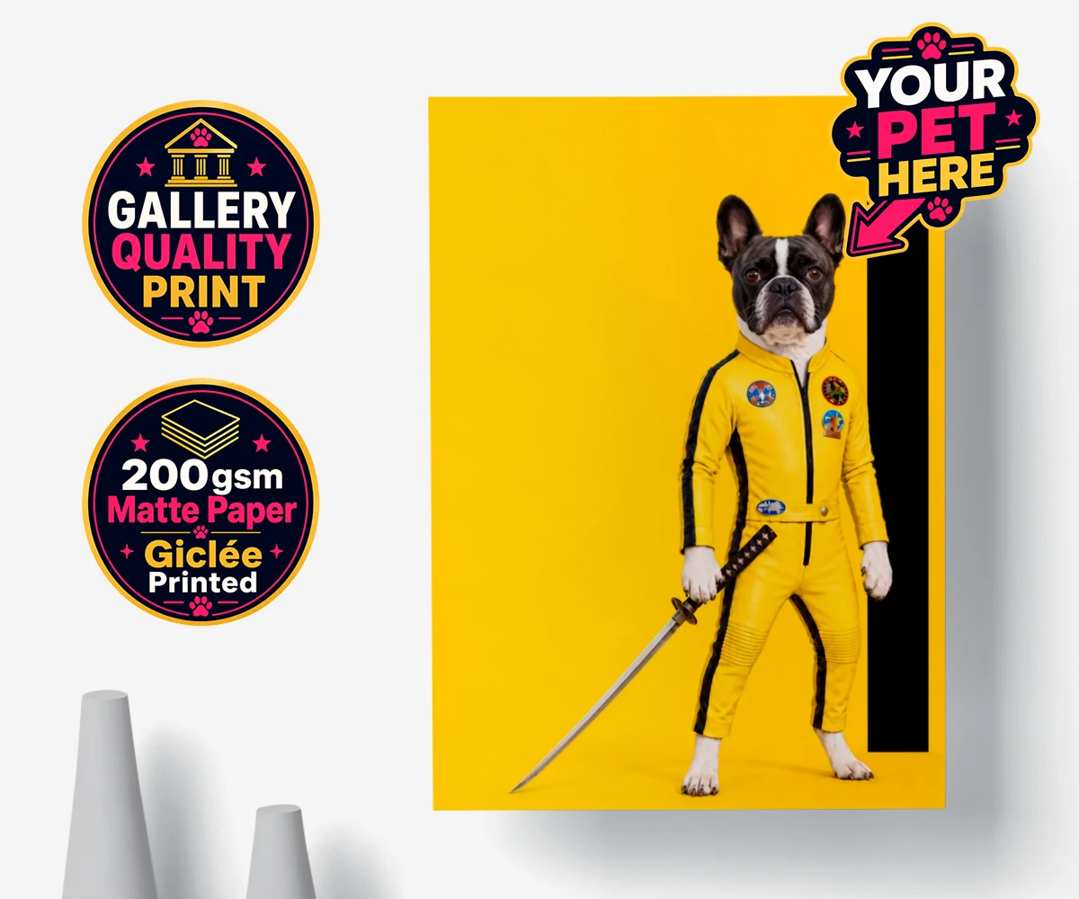 Personalised premium pet poster print of Kill Squirrel, a dog in a vibrant yellow costume, featuring a fierce sword and playful expression.