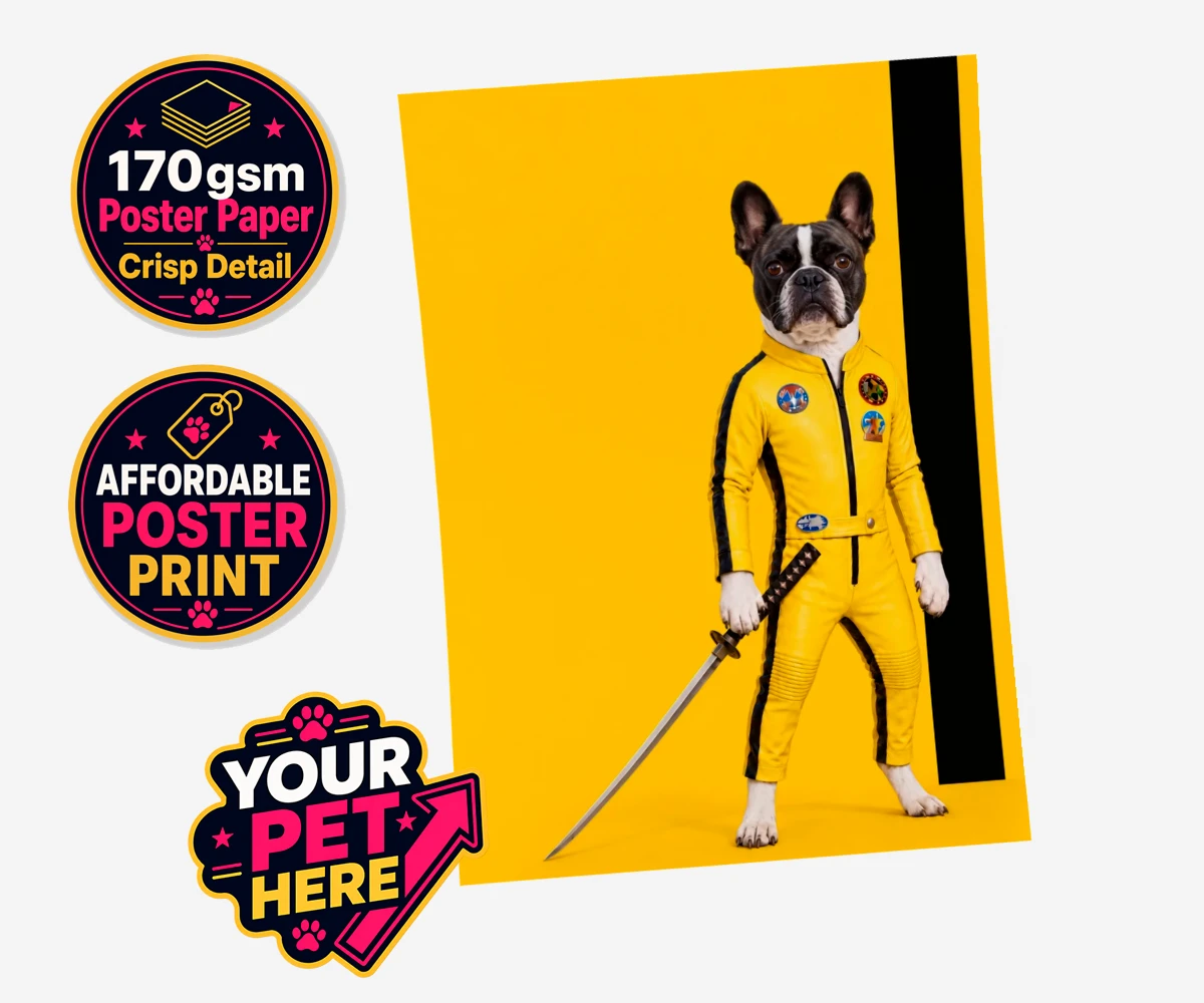 Personalised Kill Squirrel dog poster print featuring a French Bulldog in a vibrant yellow costume and a sword