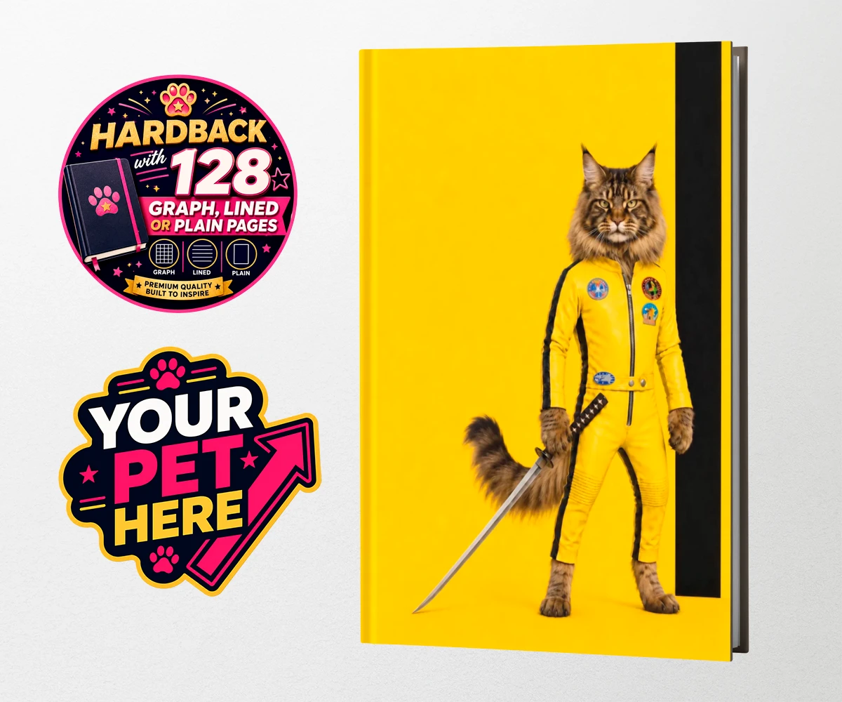 Personalised Kill Squirrel cat hardback notebooks featuring the ultimate feline warrior ready to take centre stage!