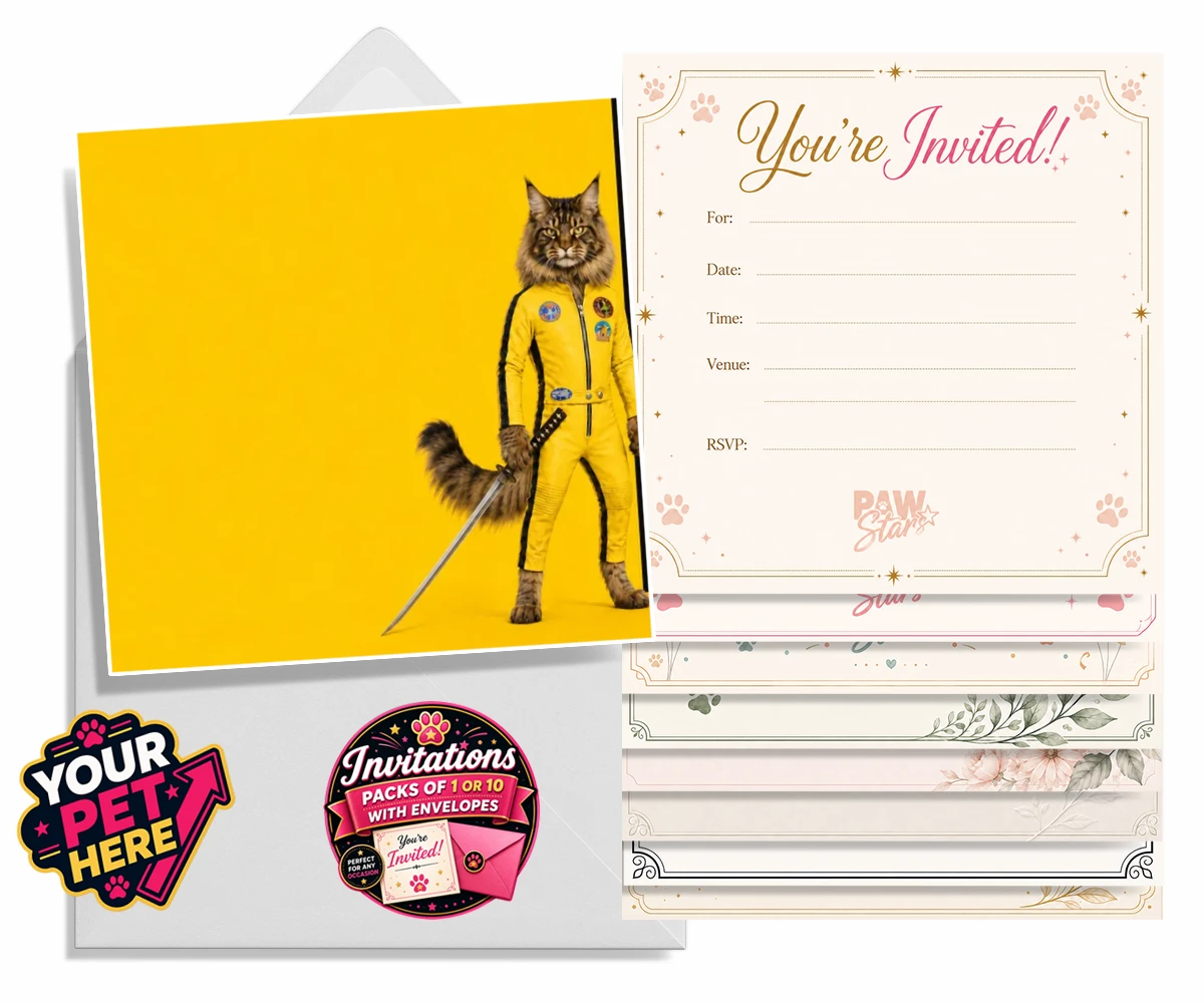 Personalised Kill Squirrel cat invitations featuring the ultimate feline warrior ready to take centre stage!