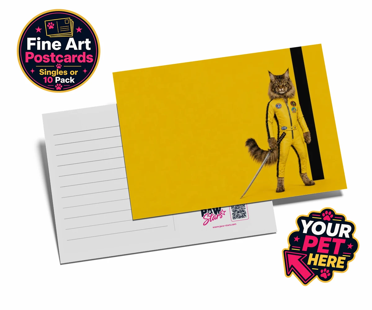 Personalised Kill Squirrel cat postcards featuring the ultimate feline warrior ready to take centre stage!