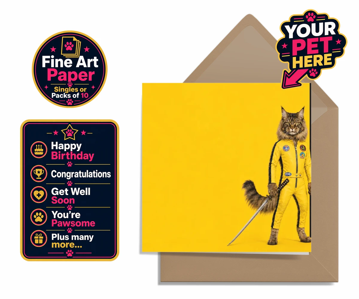 Personalised Kill Squirrel cat premium greetings cards featuring the ultimate feline warrior ready to take centre stage!
