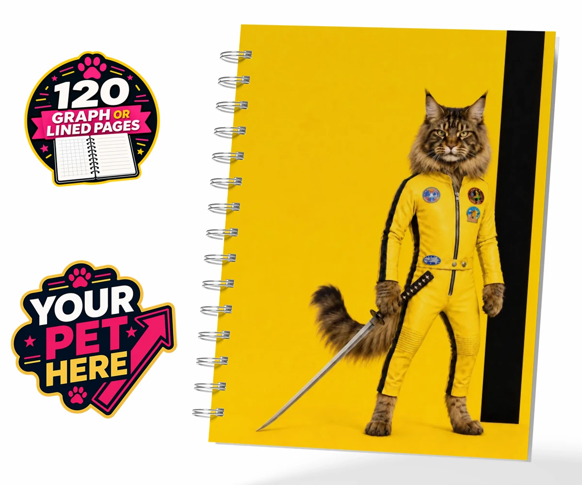 Personalised Kill Squirrel cat spiral notebook featuring the ultimate feline warrior ready to take centre stage!
