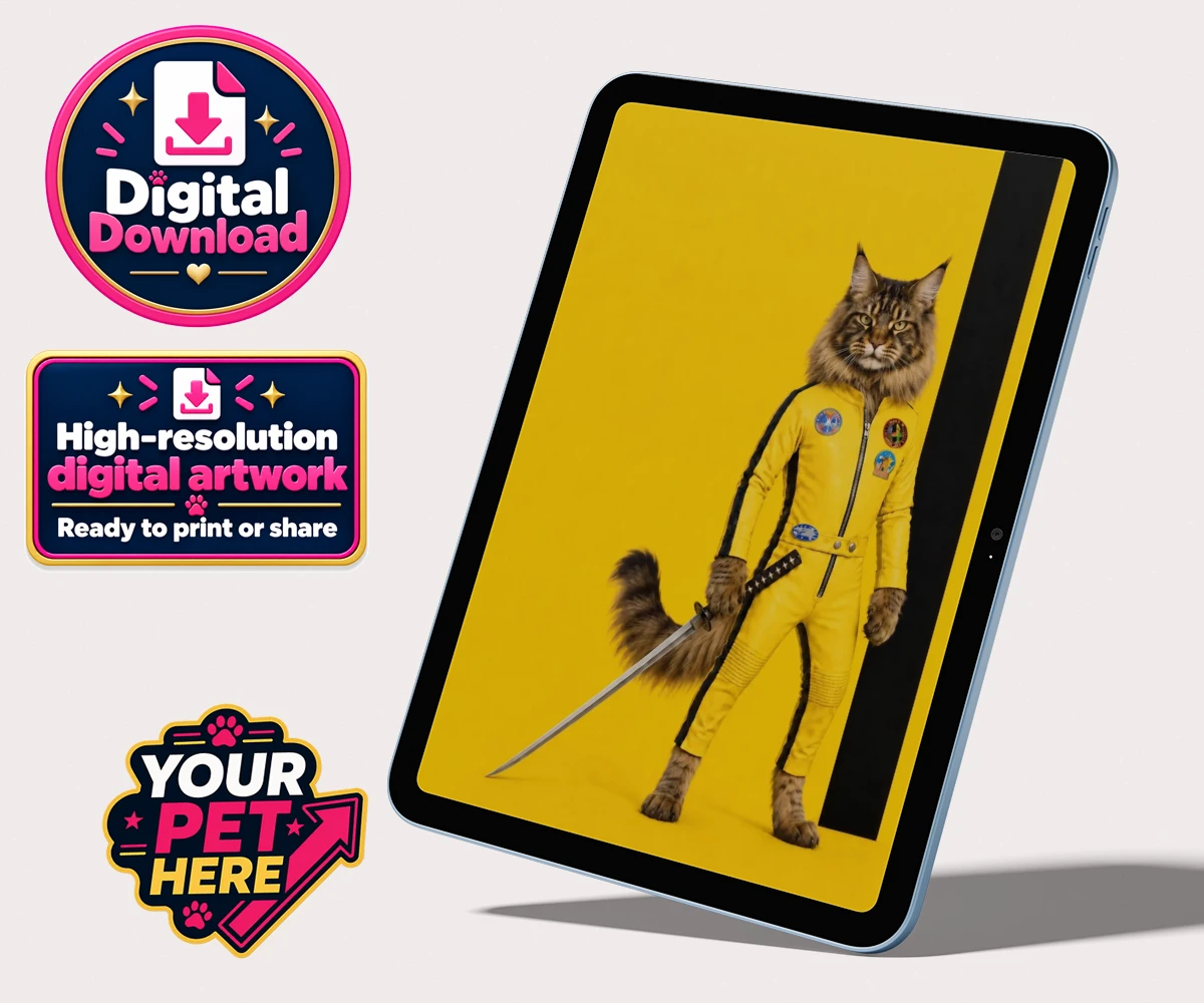 Personalised digital portrait of Kill Squirrel, a cat in a yellow tracksuit with a katana, set against a cheerful backdrop.