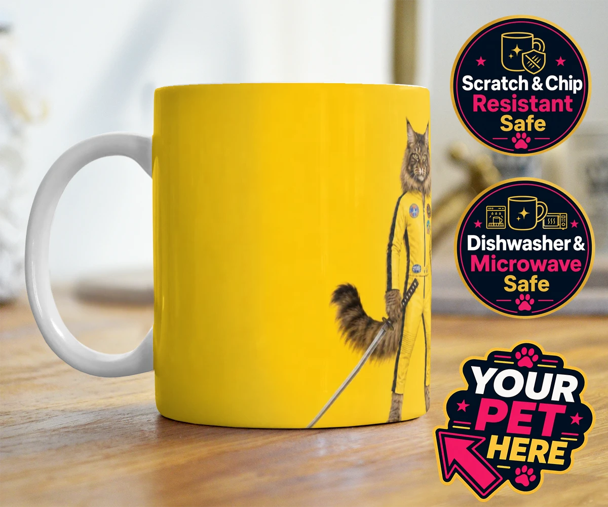 Personalised Kill Squirrel cat photo mugs featuring the ultimate feline warrior ready to take centre stage!