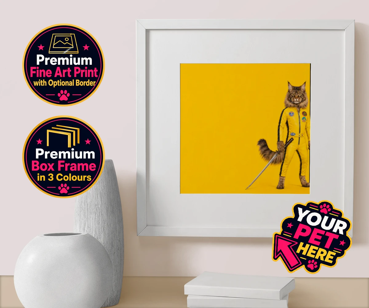 Personalised Kill Squirrel cat box framed print featuring the ultimate feline warrior ready to take centre stage!