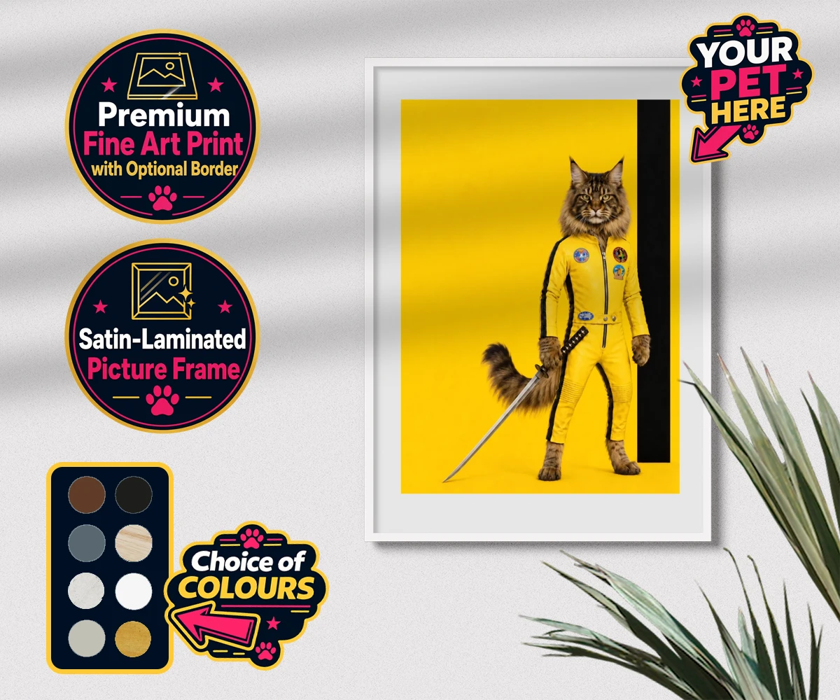 Personalised Kill Squirrel cat premium framed print featuring the ultimate feline warrior ready to take centre stage!