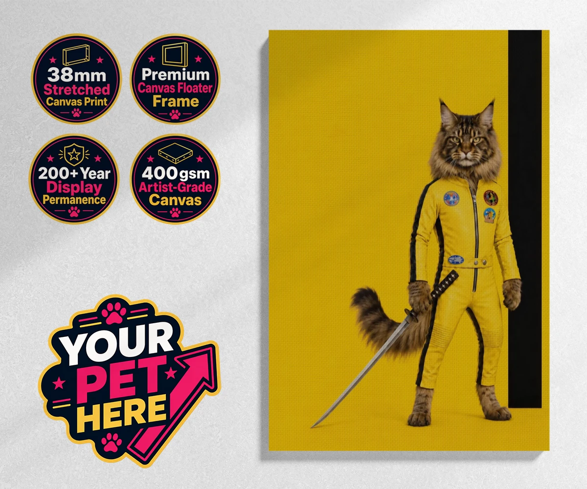 Personalised Kill Squirrel cat stretched canvas print featuring the ultimate feline warrior ready to take centre stage!