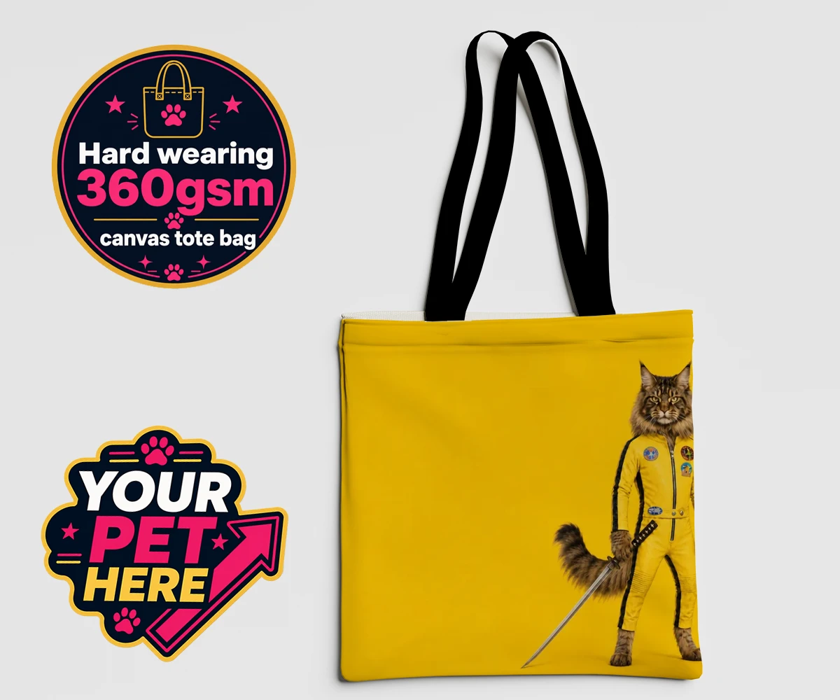 Personalised Kill Squirrel cat canvas tote bags featuring the ultimate feline warrior ready to take centre stage!