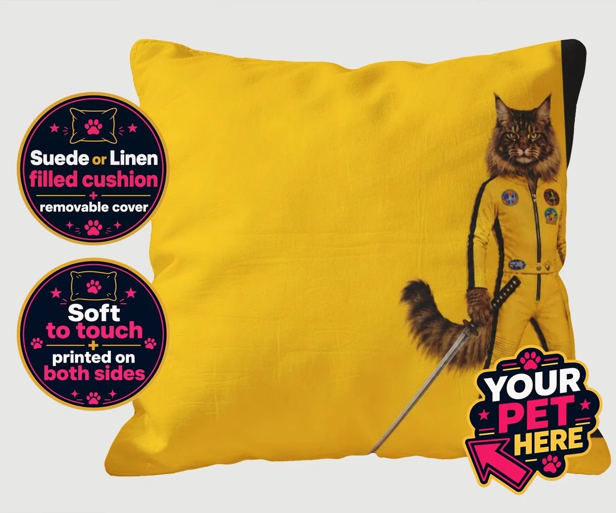 Personalised Kill Squirrel cat linen / suede cushions featuring the ultimate feline warrior ready to take centre stage!