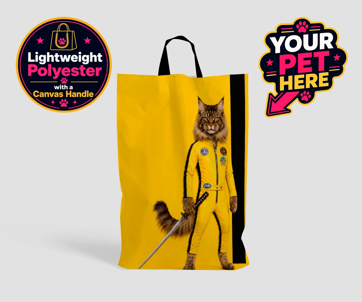 Personalised Kill Squirrel cat shopping bags featuring the ultimate feline warrior ready to take centre stage!