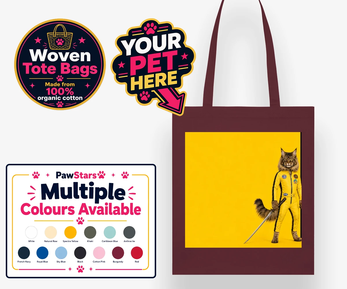 Personalised Kill Squirrel cat woven tote bags featuring the ultimate feline warrior ready to take centre stage!
