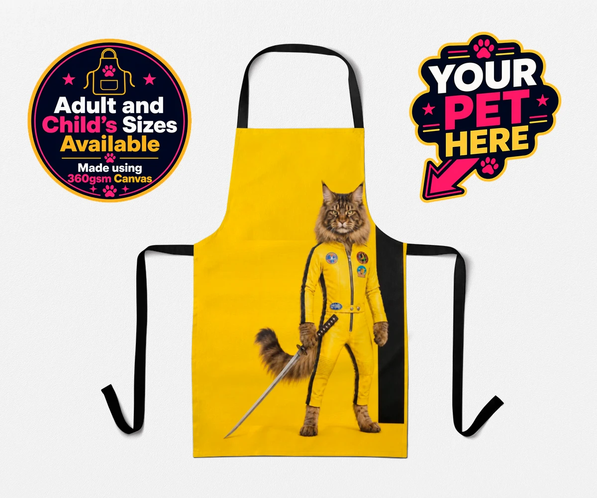 Personalised Kill Squirrel cat aprons featuring the ultimate feline warrior ready to take centre stage!
