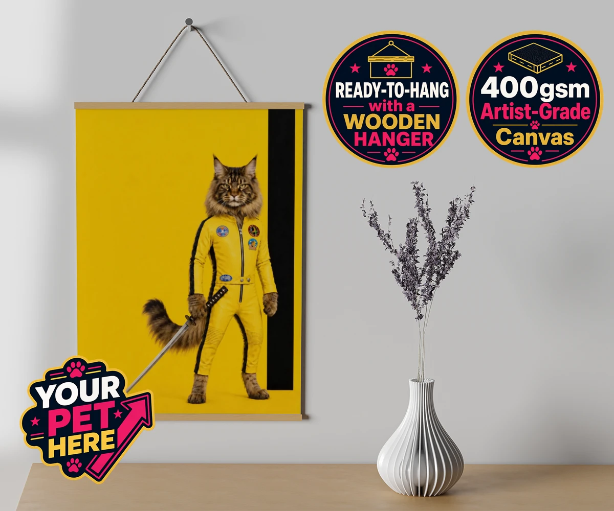 Personalised Kill Squirrel cat canvas poster prints with hanger featuring the ultimate feline warrior ready to take centre stage!