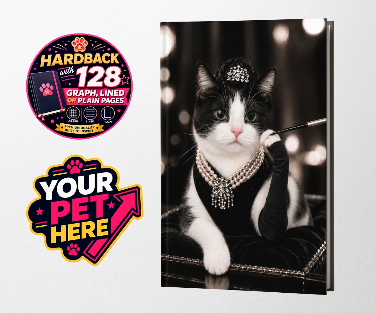 Personalised hardback notebook featuring Breakfast at..., a cat in a black velvet gown and tiara