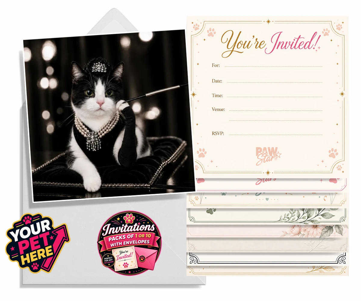 Personalised Breakfast at... cat invitations featuring a cat in a black velvet gown and pearl necklace.
