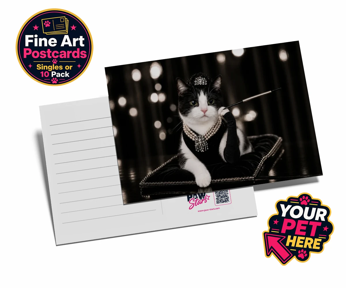 Personalised postcard featuring Breakfast at..., a cat in a black velvet gown with a pearl necklace and tiara