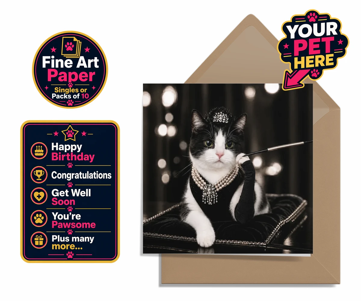 Personalised premium greetings card featuring Breakfast at..., a cat in a black velvet gown with a pearl necklace and tiara.