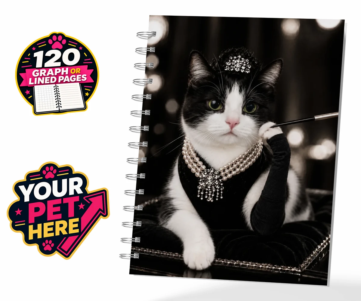 Personalised spiral notebook featuring Breakfast at..., a cat in a black velvet gown and pearl necklace.