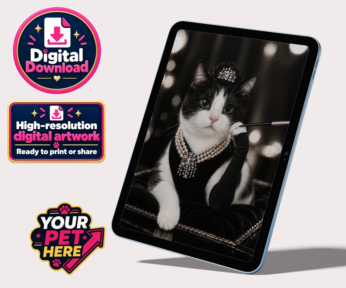 Personalised digital portrait of Breakfast at... cat in black velvet gown with pearl necklace and tiara