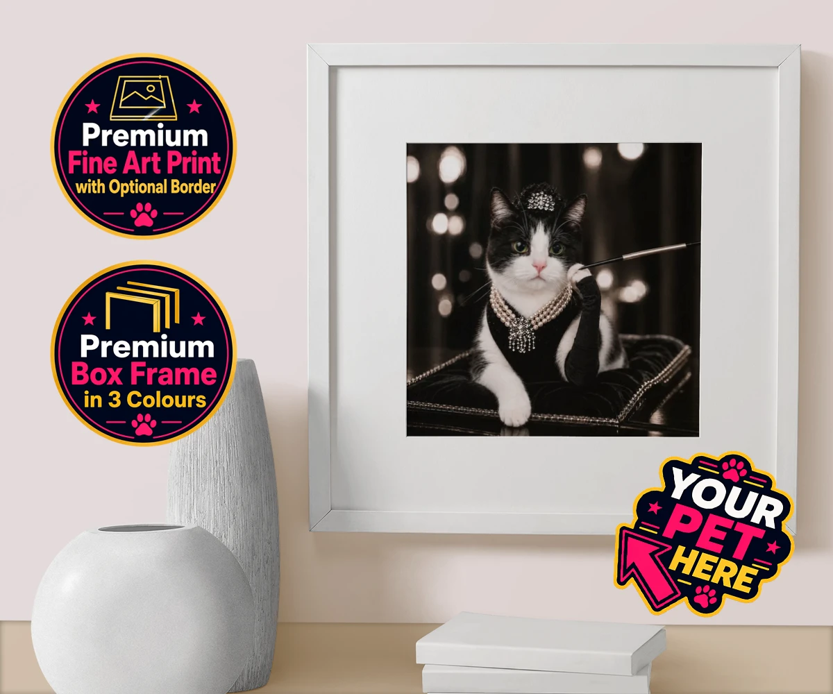 Personalised Breakfast at ... cat box framed print featuring step into the glitzy world of Hollywood with our enchanting character