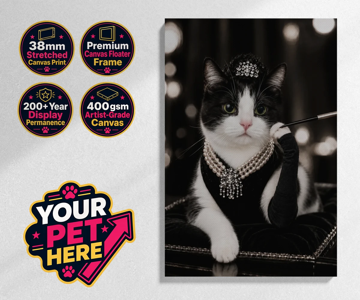 Personalised Breakfast at ... cat stretched canvas print featuring step into the glitzy world of Hollywood with our enchanting character