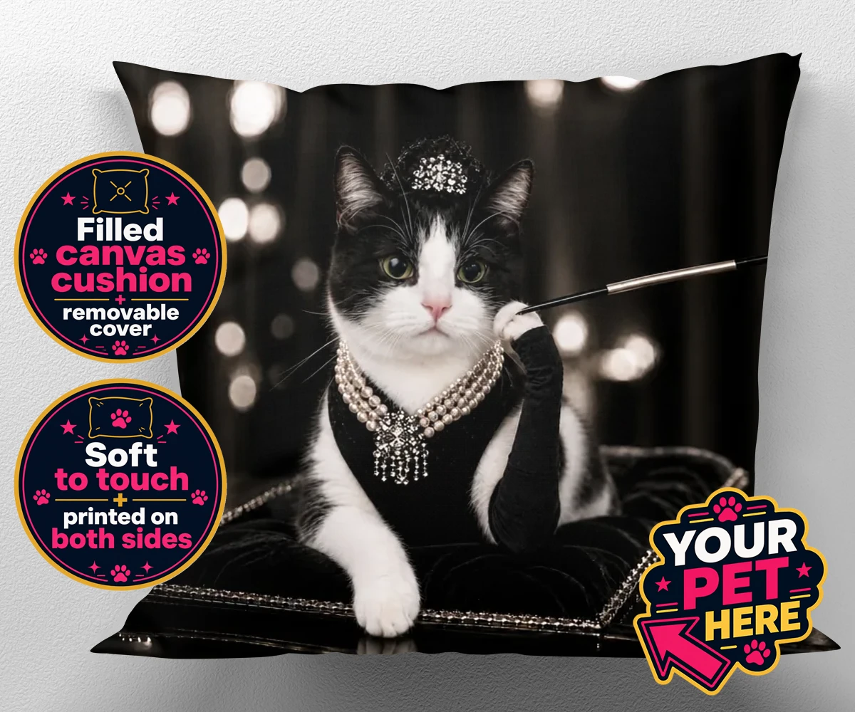 Personalised Breakfast at ... cat canvas cushions featuring step into the glitzy world of Hollywood with our enchanting character