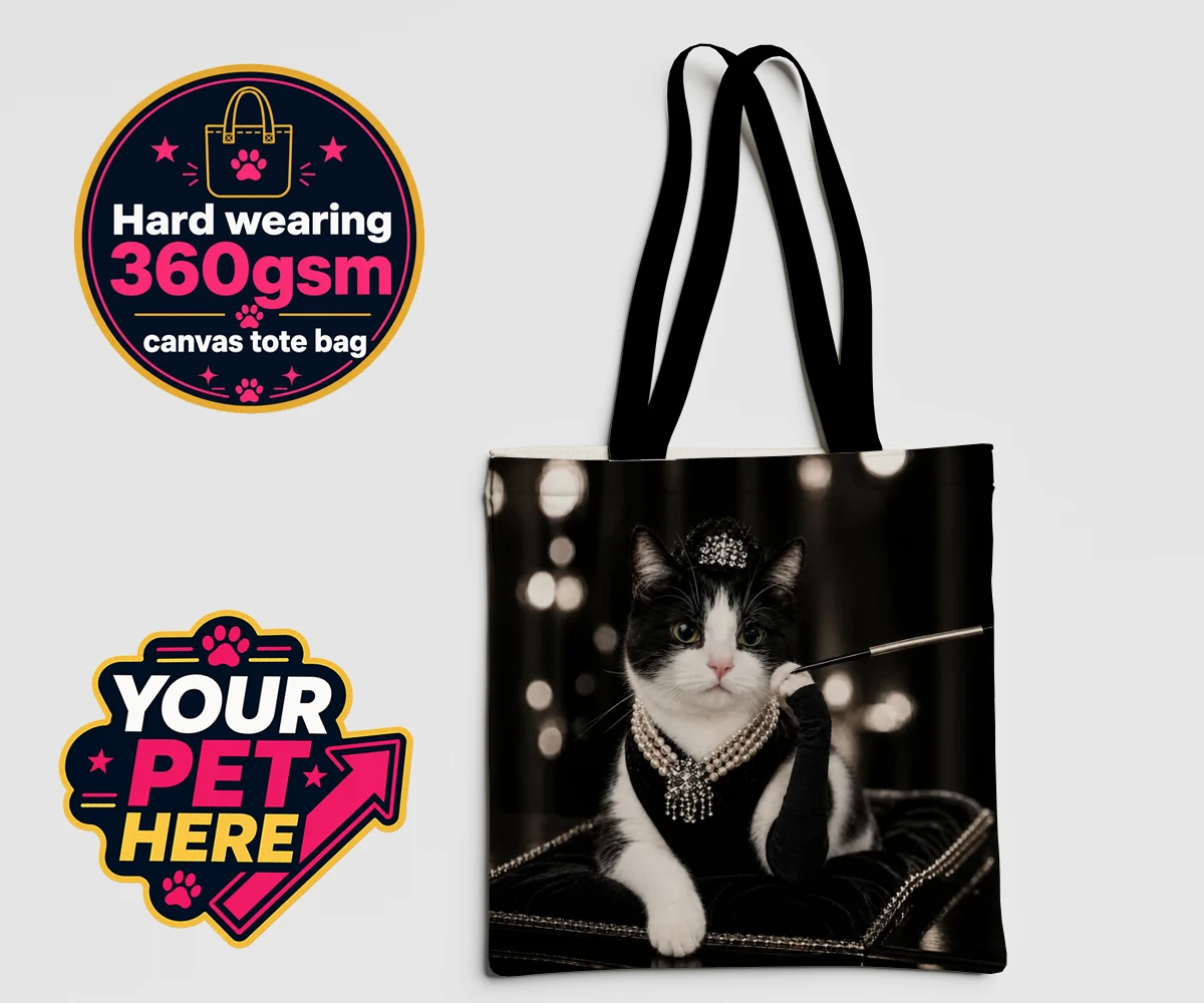 Personalised Breakfast at ... cat canvas tote bags featuring step into the glitzy world of Hollywood with our enchanting character