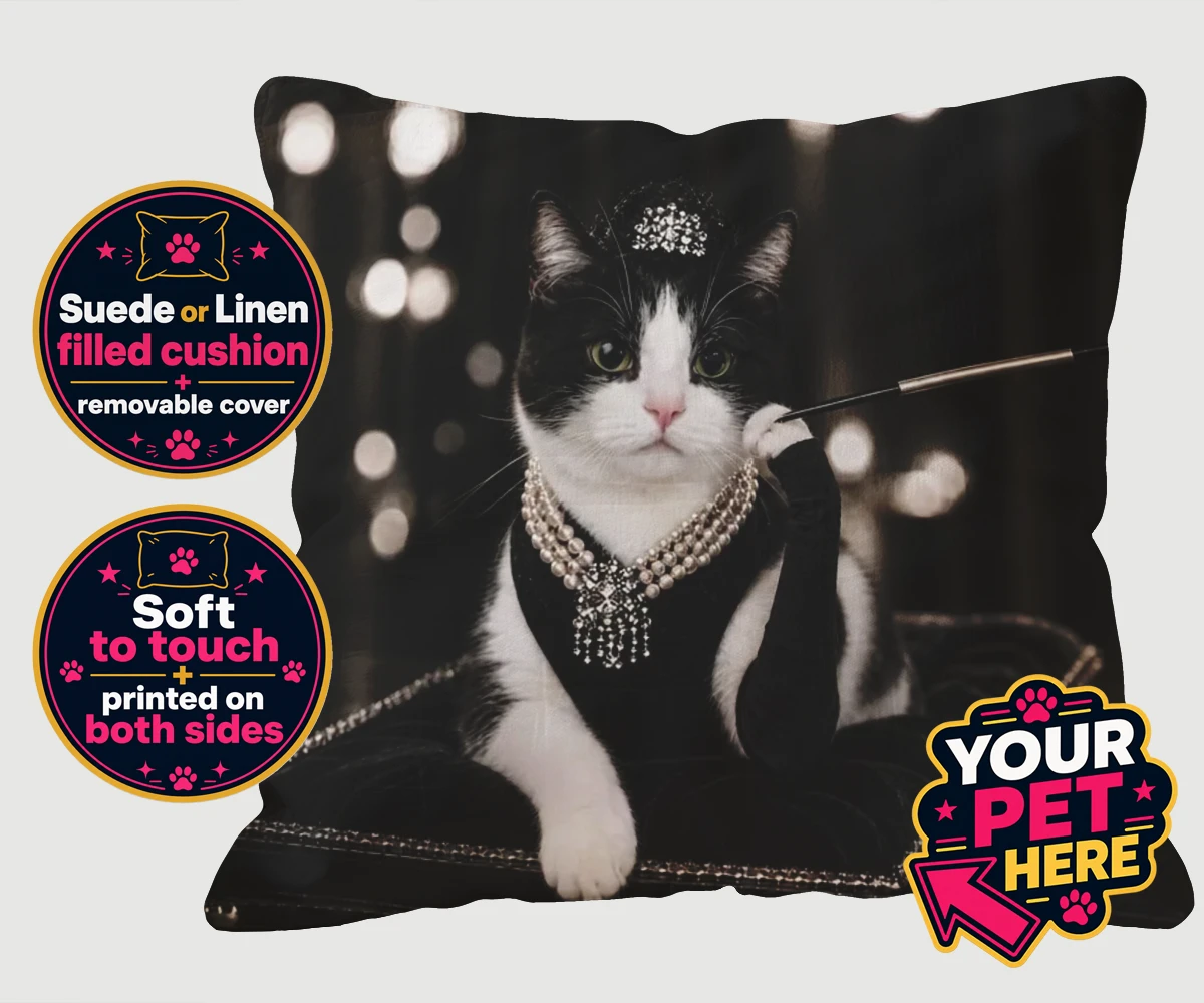 Personalised cushion featuring Breakfast at..., a cat in a black velvet gown and a pearl necklace