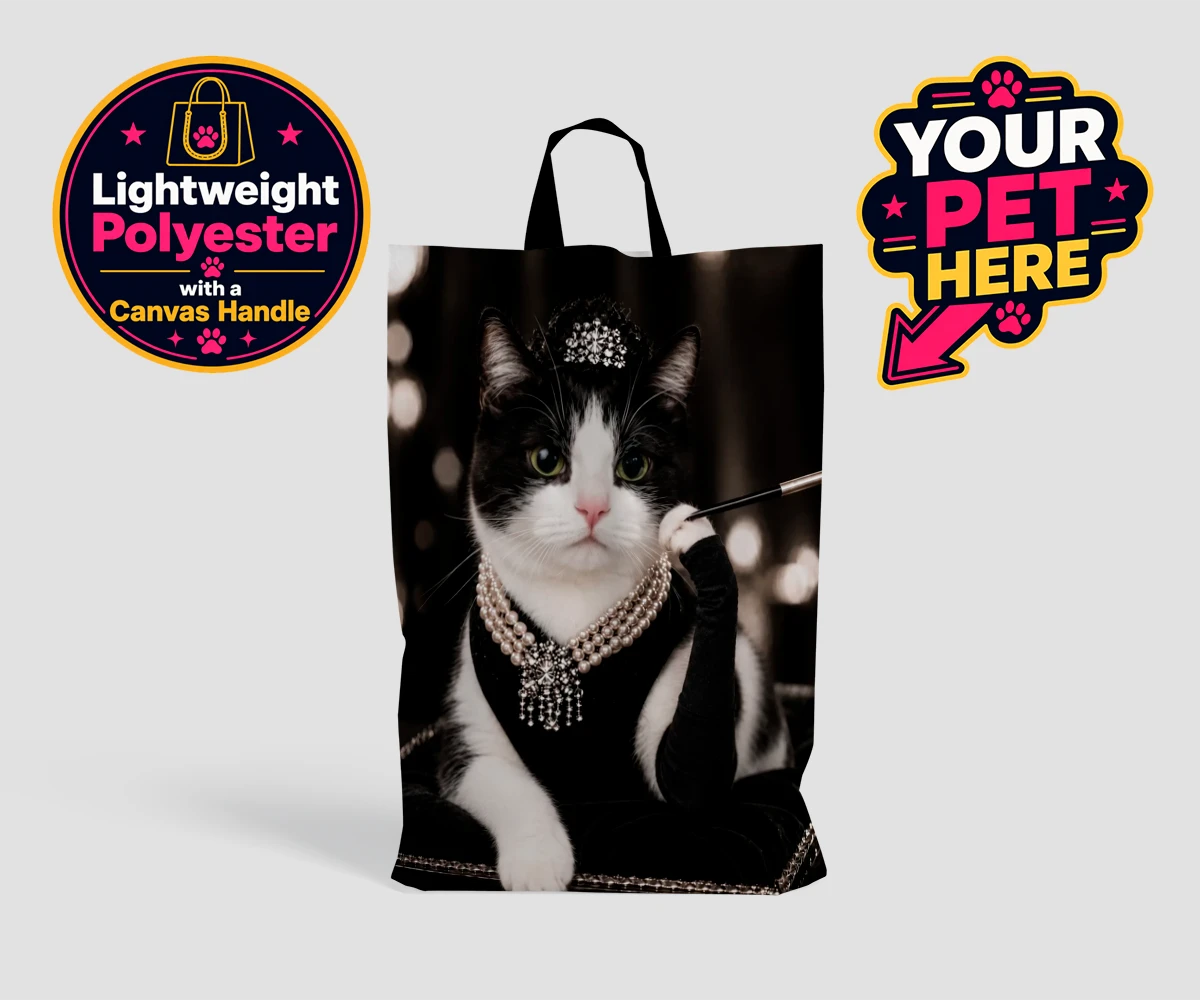 Personalised shopping bag featuring Breakfast at..., a cat in a black velvet gown and tiara
