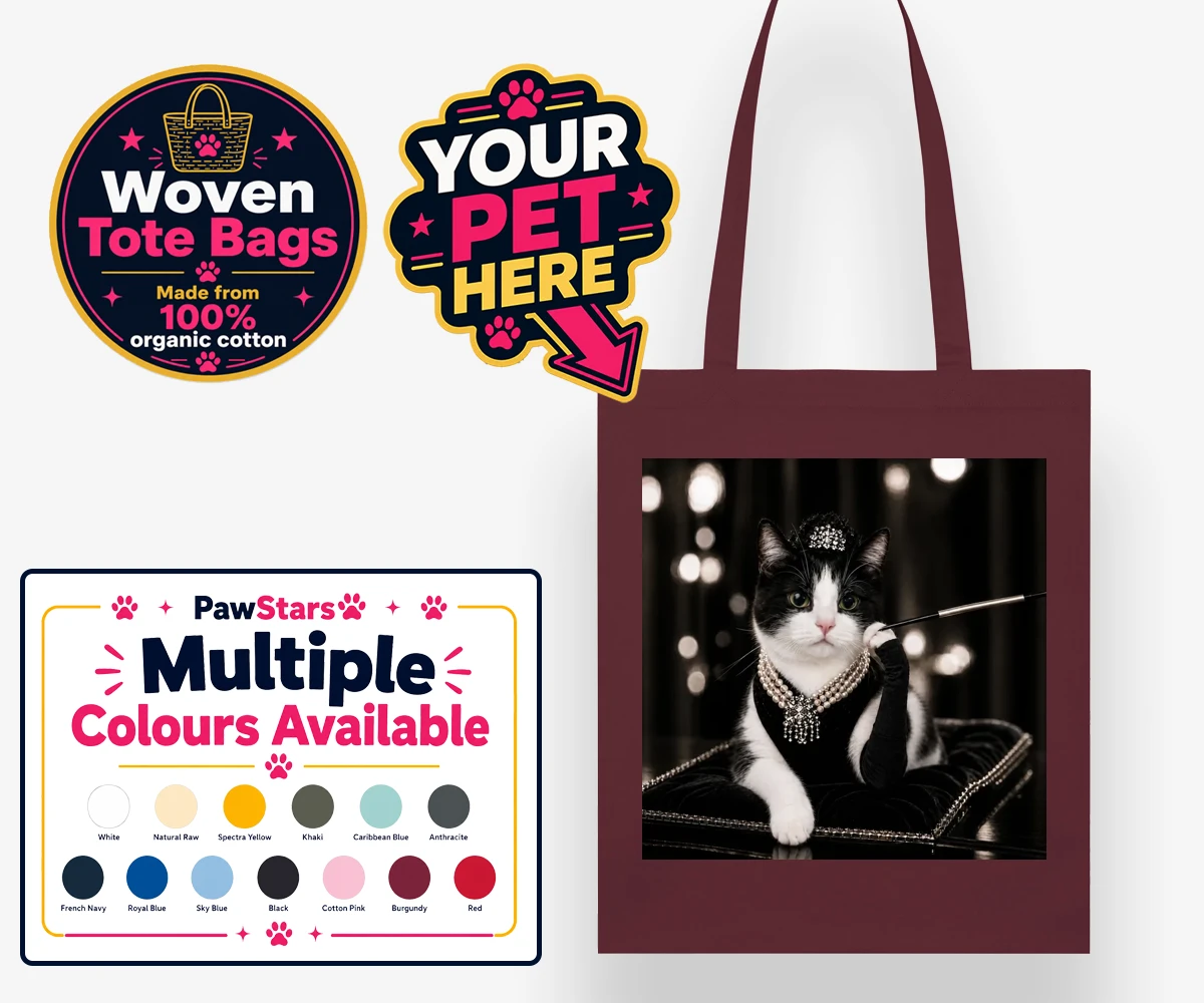 Personalised Breakfast at ... cat woven tote bags featuring step into the glitzy world of Hollywood with our enchanting character