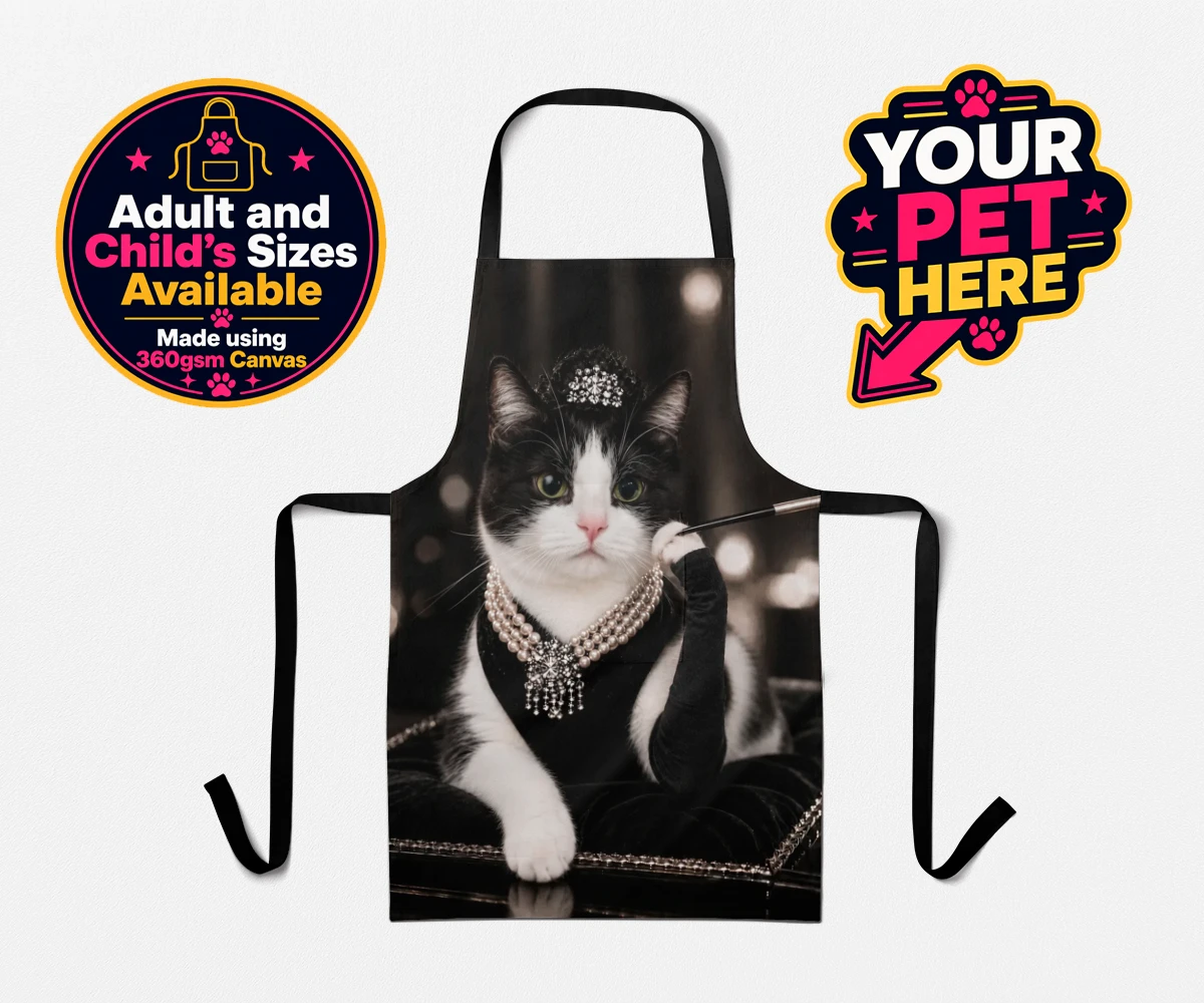 Personalised apron featuring Breakfast at... cat in a black velvet gown and pearl necklace